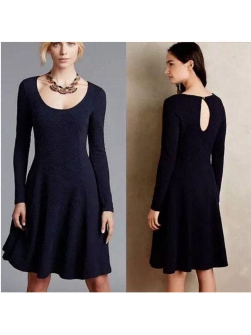 Anthropologie Maeve Sasha Navy Fit and Flare Textured Long Sleeve Dress Small